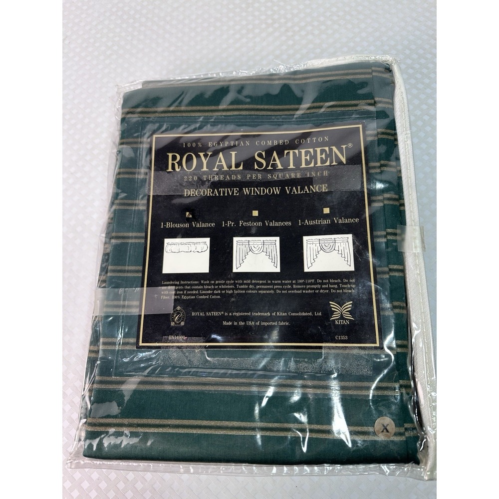 Vintage Royal Sateen Egyptian Cotton Window Valance Green Striped NOS Package - Picture 4 of 5
